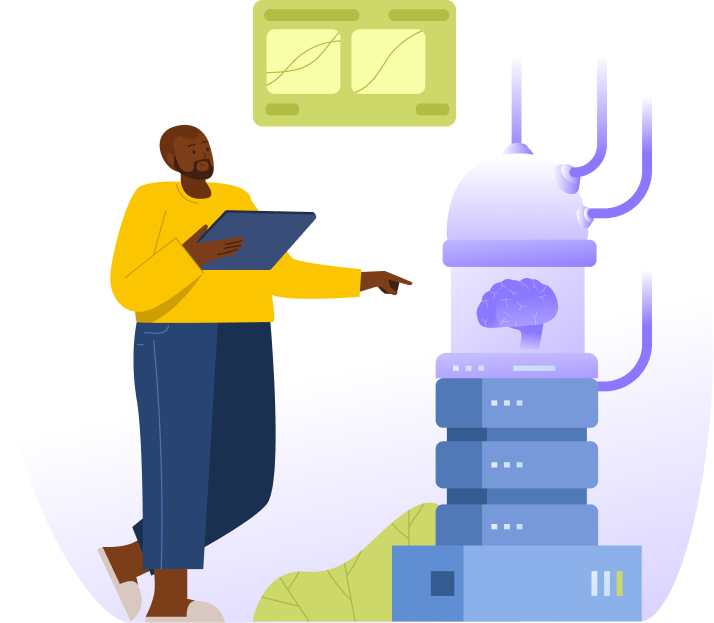 Professional using a tablet beside an AI-powered system visualization